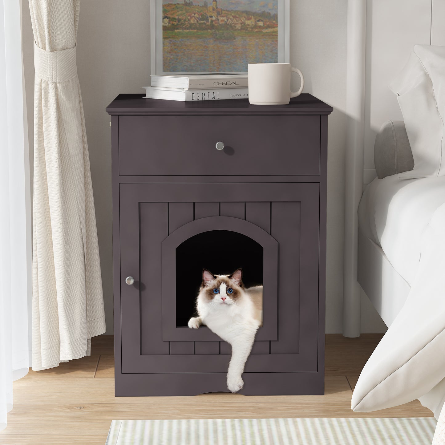 Wooden Pet House Cat Litter Box Enclosure with Drawer, Side Table, Indoor Pet Crate, Cat Home Nightstand (Brown) image 10