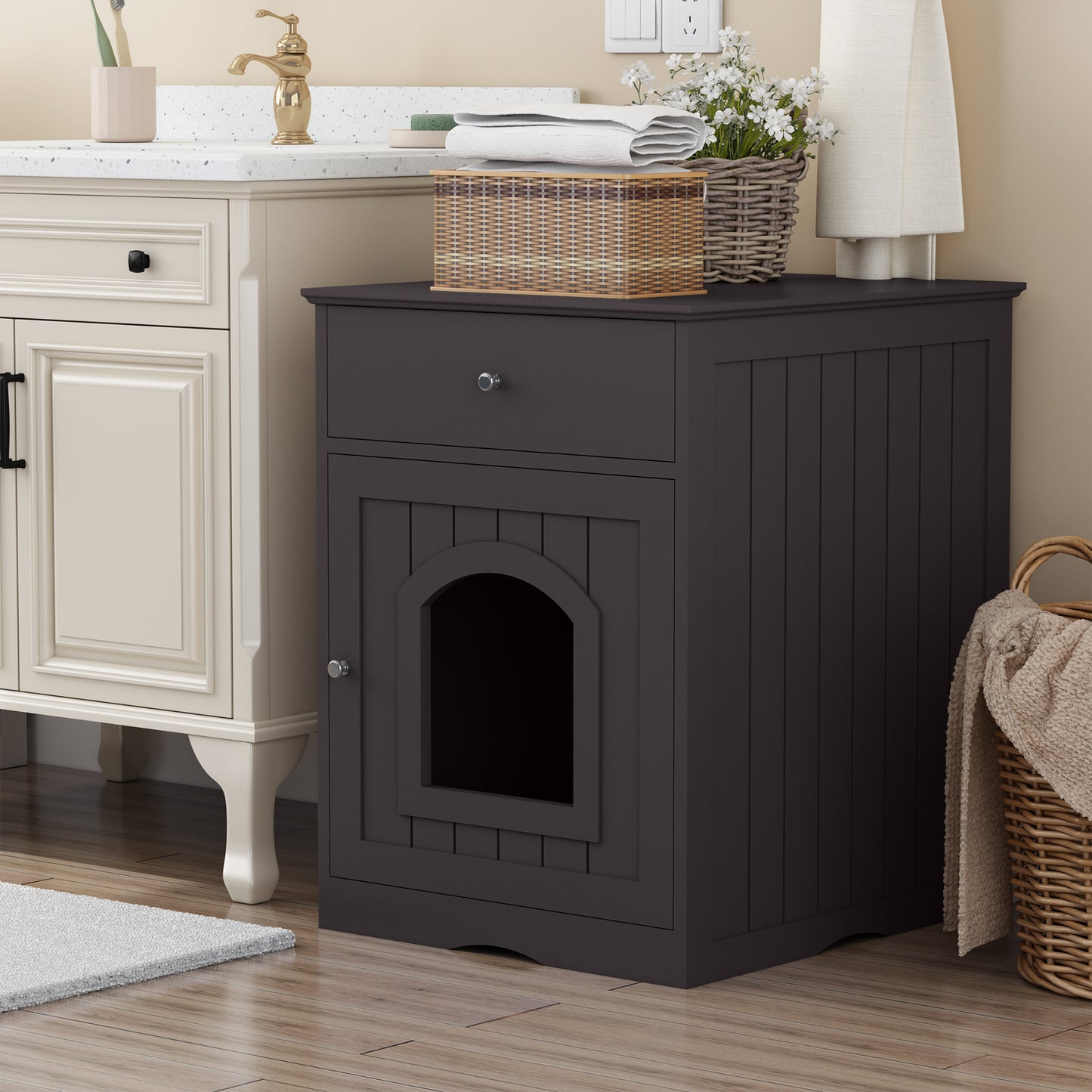 Wooden Pet House Cat Litter Box Enclosure with Drawer, Side Table, Indoor Pet Crate, Cat Home Nightstand (Brown) image 12