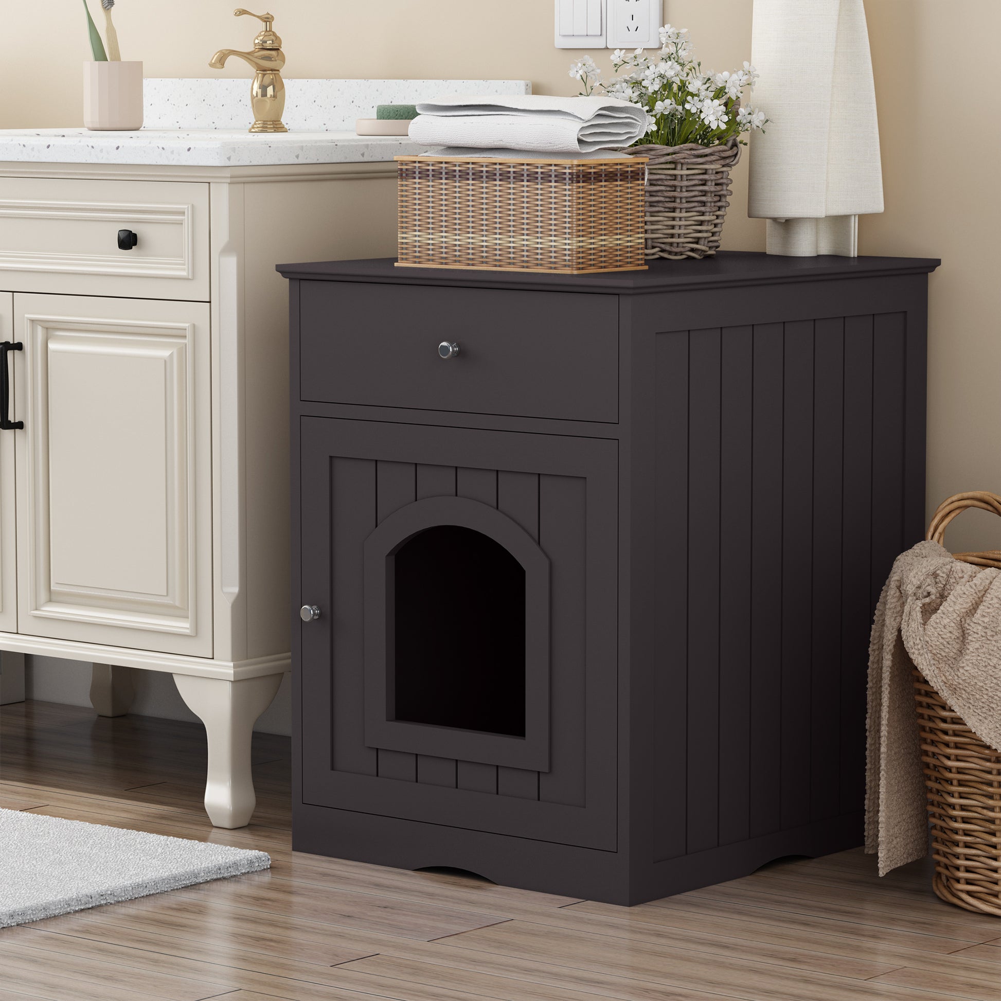 Wooden Pet House Cat Litter Box Enclosure with Drawer, Side Table, Indoor Pet Crate, Cat Home Nightstand (Brown) image 12