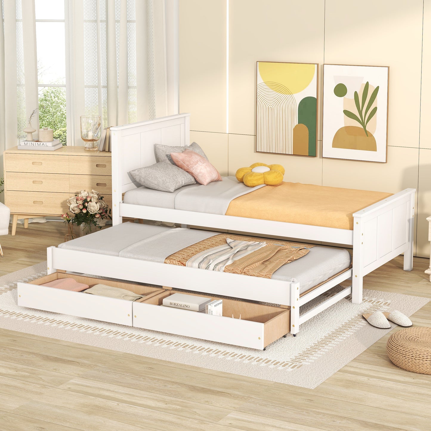 Twin Size Platform Bed with Trundle and Drawers, White(Old Sku:WF298815AAK) image 1
