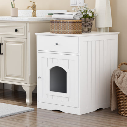Wooden Pet House Cat Litter Box Enclosure with Drawer, Side Table, Indoor Pet Crate, Cat Home Nightstand (White) image 12