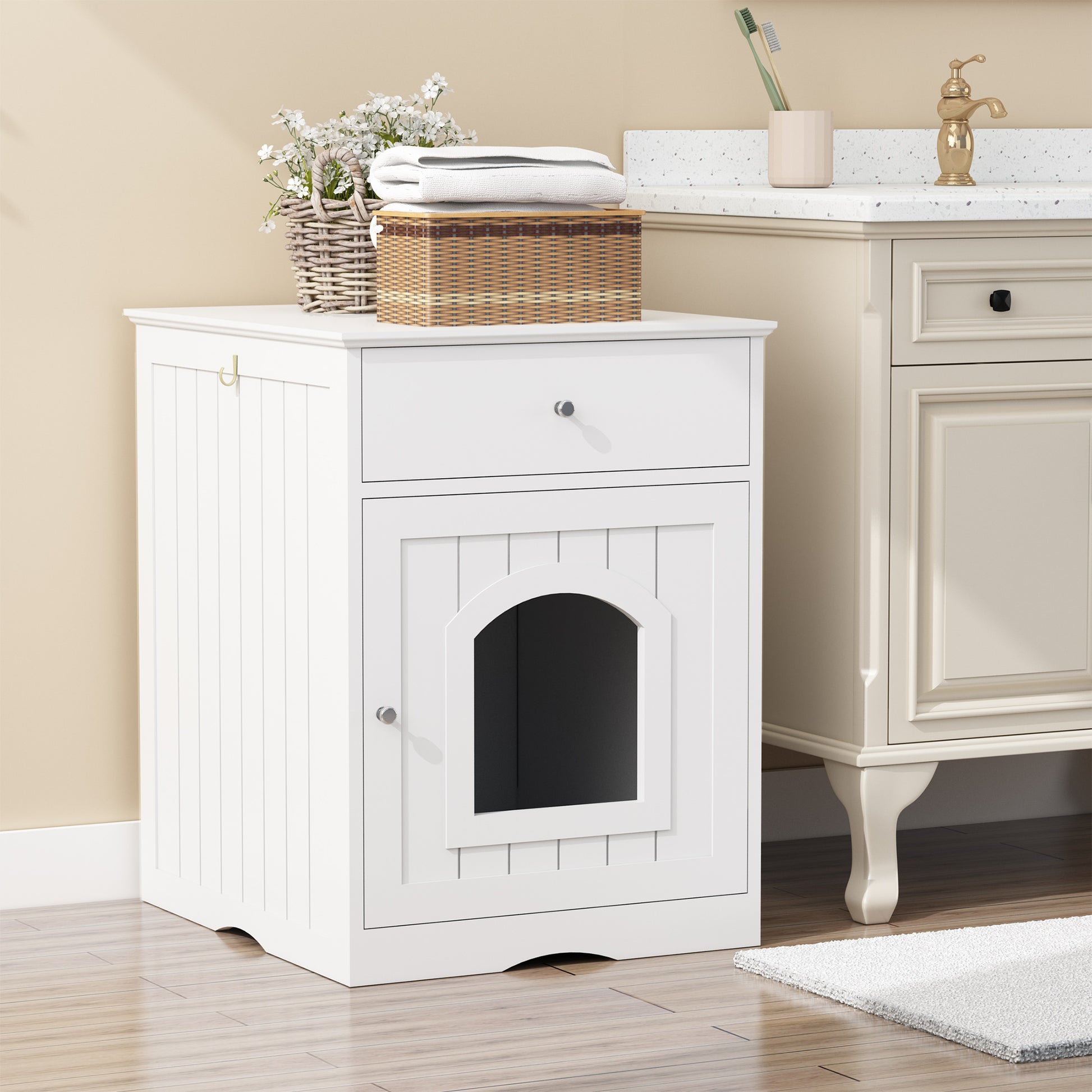 Wooden Pet House Cat Litter Box Enclosure with Drawer, Side Table, Indoor Pet Crate, Cat Home Nightstand (White) image 11