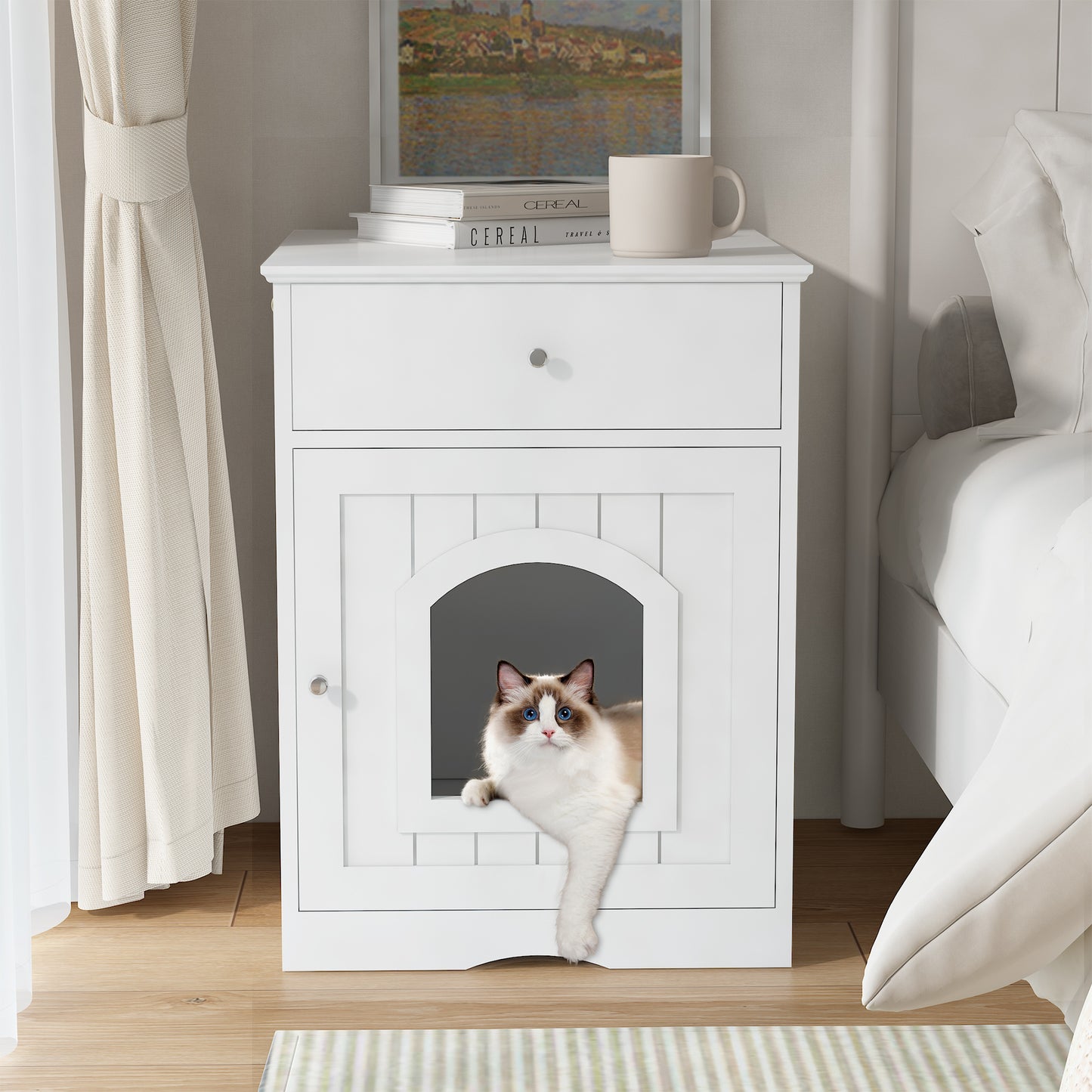 Wooden Pet House Cat Litter Box Enclosure with Drawer, Side Table, Indoor Pet Crate, Cat Home Nightstand (White) image 10