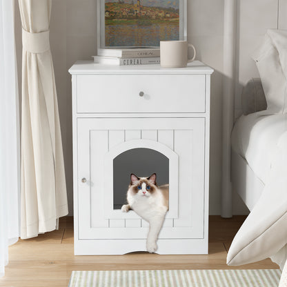 Wooden Pet House Cat Litter Box Enclosure with Drawer, Side Table, Indoor Pet Crate, Cat Home Nightstand (White) image 10
