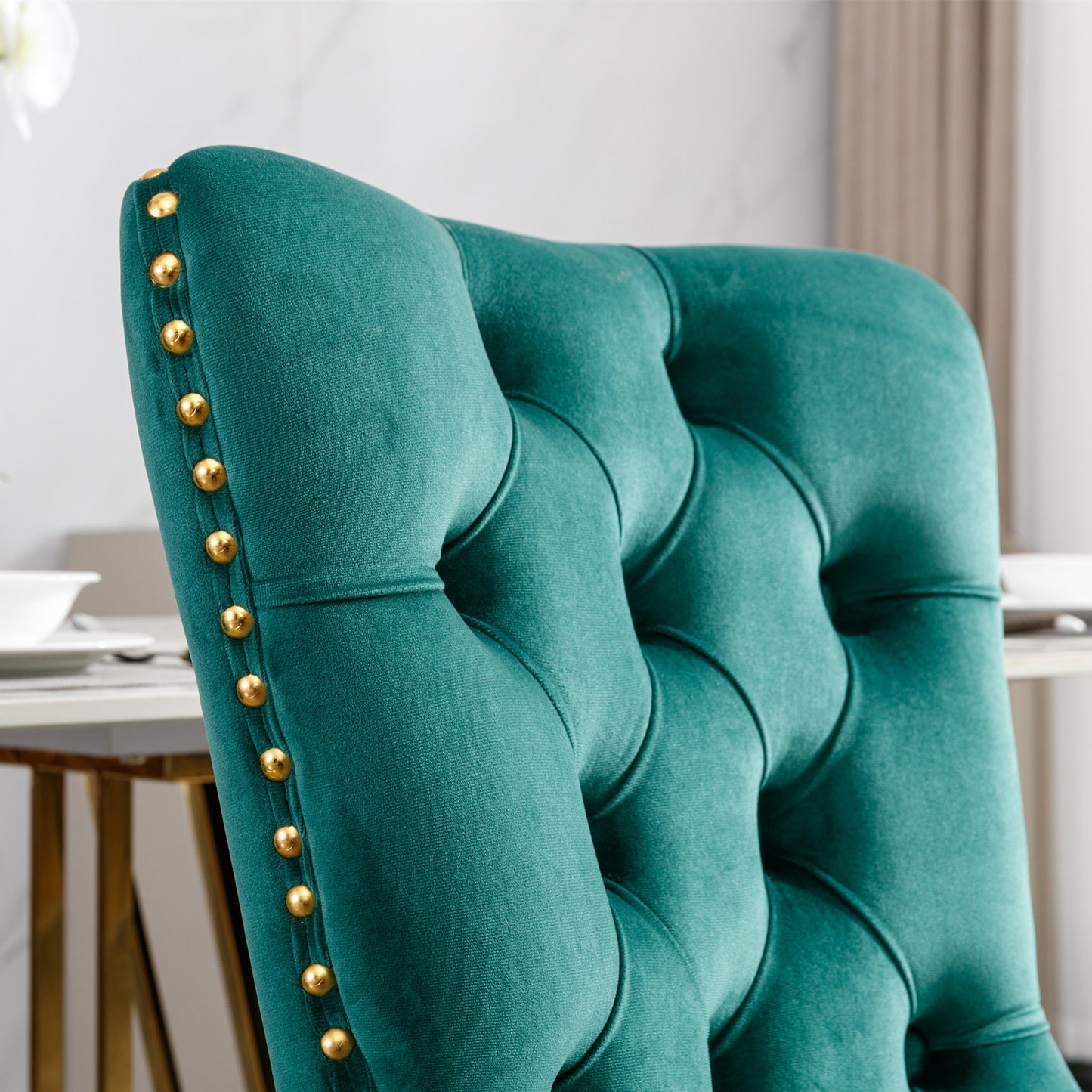 A&A Furniture,Nikki Collection Modern, High-end Tufted Solid Wood Contemporary Velvet Upholstered Dining Chair with Golden Stainless Steel Plating Legs,Nailhead Trim,Set of 2，Black and Gold, SW1601GN image 8