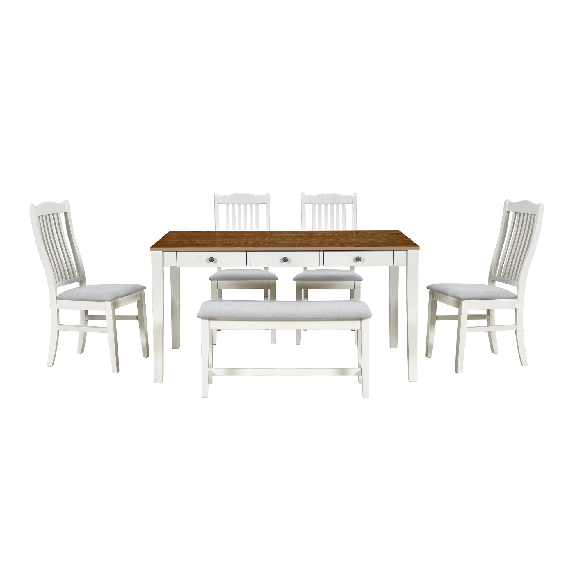 TOPMAX Mid-Century 6-Piece Wood Dining Table Set, Kitchen Table Set with Drawer, Upholstered Chairs and Bench, White(old sku:SP000006AAA) image 12