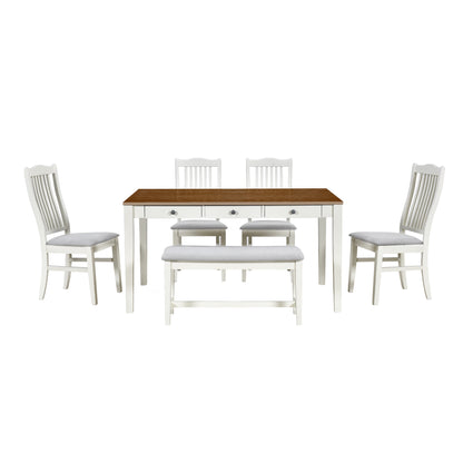 TOPMAX Mid-Century 6-Piece Wood Dining Table Set, Kitchen Table Set with Drawer, Upholstered Chairs and Bench, White(old sku:SP000006AAA) image 12