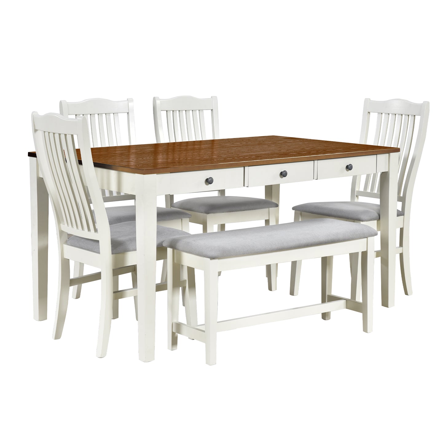 TOPMAX Mid-Century 6-Piece Wood Dining Table Set, Kitchen Table Set with Drawer, Upholstered Chairs and Bench, White(old sku:SP000006AAA) image 10