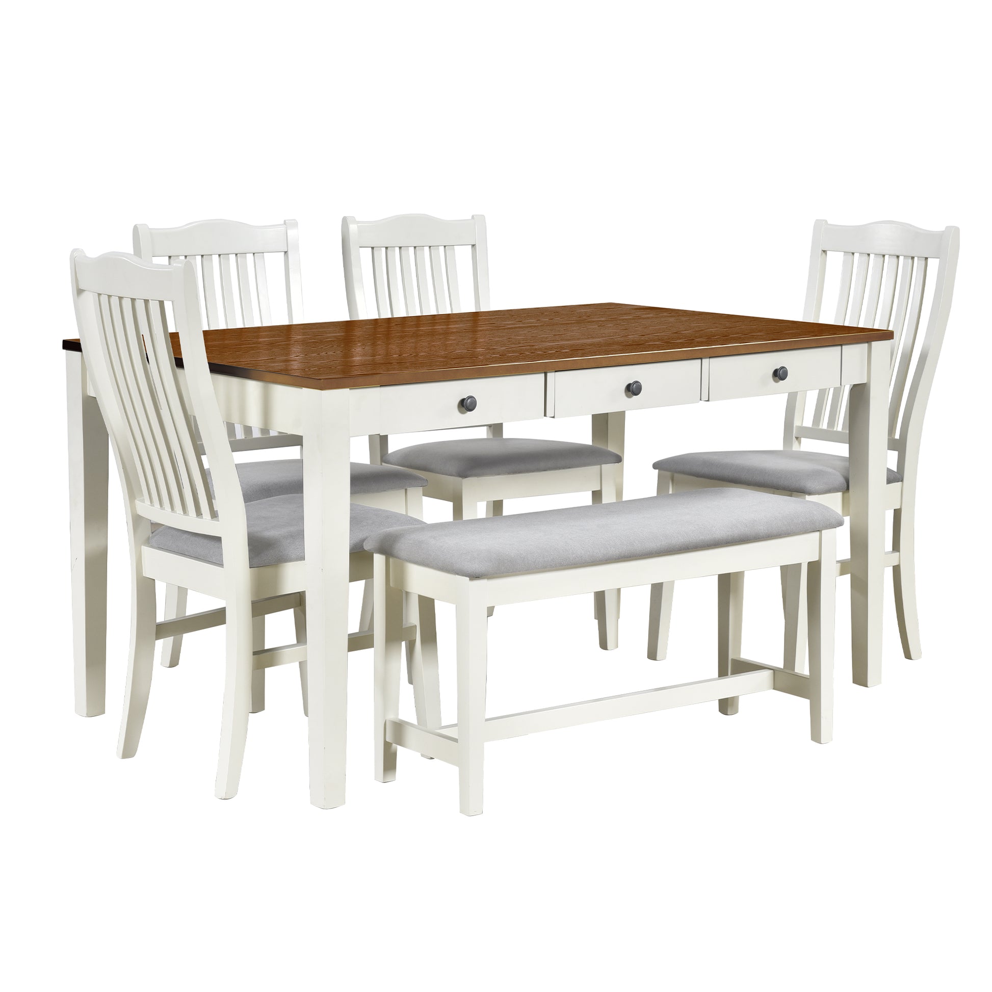 TOPMAX Mid-Century 6-Piece Wood Dining Table Set, Kitchen Table Set with Drawer, Upholstered Chairs and Bench, White(old sku:SP000006AAA) image 10
