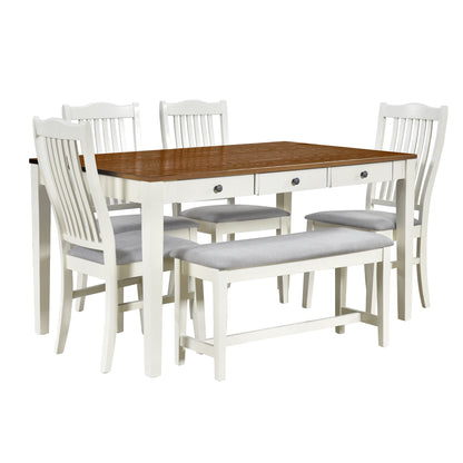 TOPMAX Mid-Century 6-Piece Wood Dining Table Set, Kitchen Table Set with Drawer, Upholstered Chairs and Bench, White(old sku:SP000006AAA) image 10
