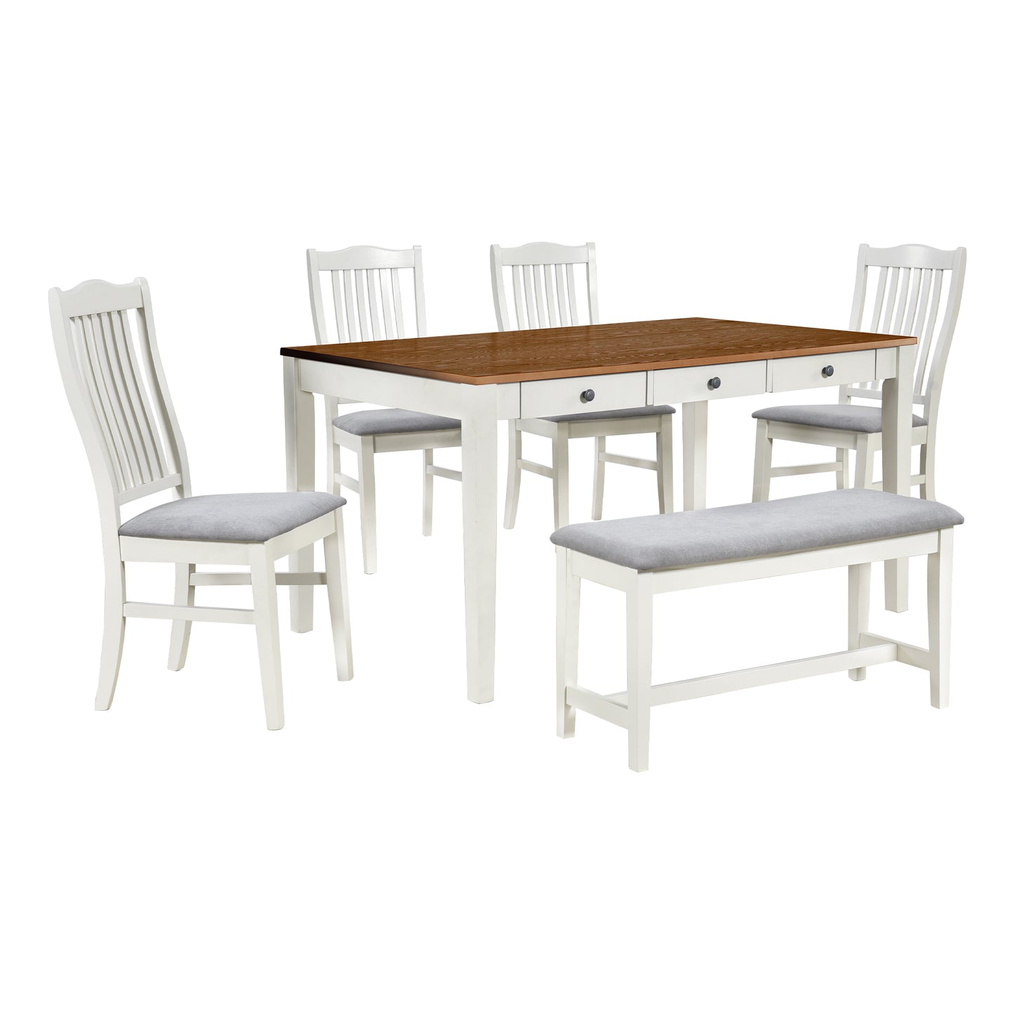 TOPMAX Mid-Century 6-Piece Wood Dining Table Set, Kitchen Table Set with Drawer, Upholstered Chairs and Bench, White(old sku:SP000006AAA) image 11