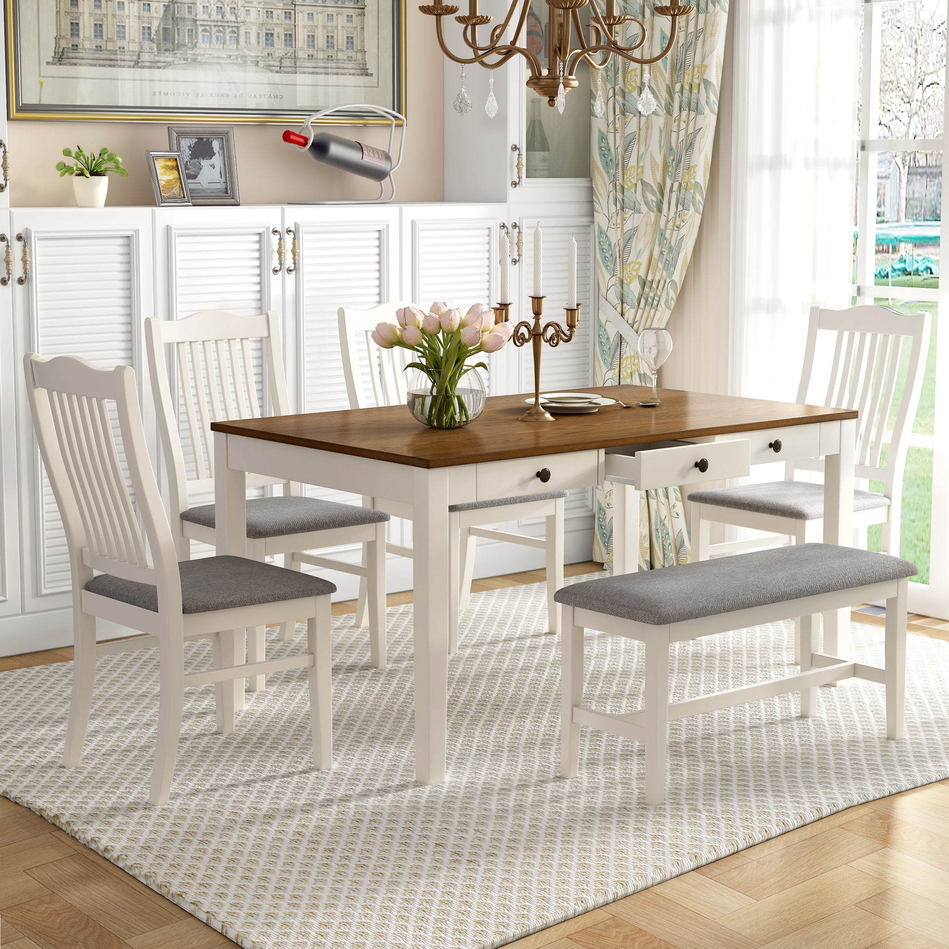 TOPMAX Mid-Century 6-Piece Wood Dining Table Set, Kitchen Table Set with Drawer, Upholstered Chairs and Bench, White(old sku:SP000006AAA) image 1