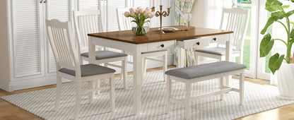 TOPMAX Mid-Century 6-Piece Wood Dining Table Set, Kitchen Table Set with Drawer, Upholstered Chairs and Bench, White(old sku:SP000006AAA) image 4