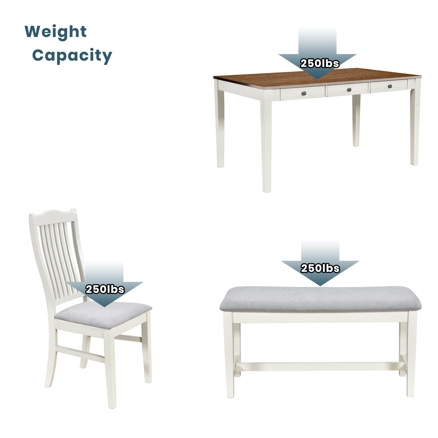 TOPMAX Mid-Century 6-Piece Wood Dining Table Set, Kitchen Table Set with Drawer, Upholstered Chairs and Bench, White(old sku:SP000006AAA) image 8