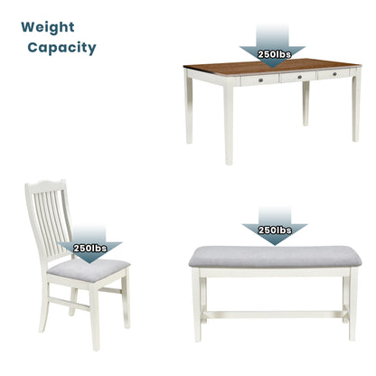 TOPMAX Mid-Century 6-Piece Wood Dining Table Set, Kitchen Table Set with Drawer, Upholstered Chairs and Bench, White(old sku:SP000006AAA) image 8