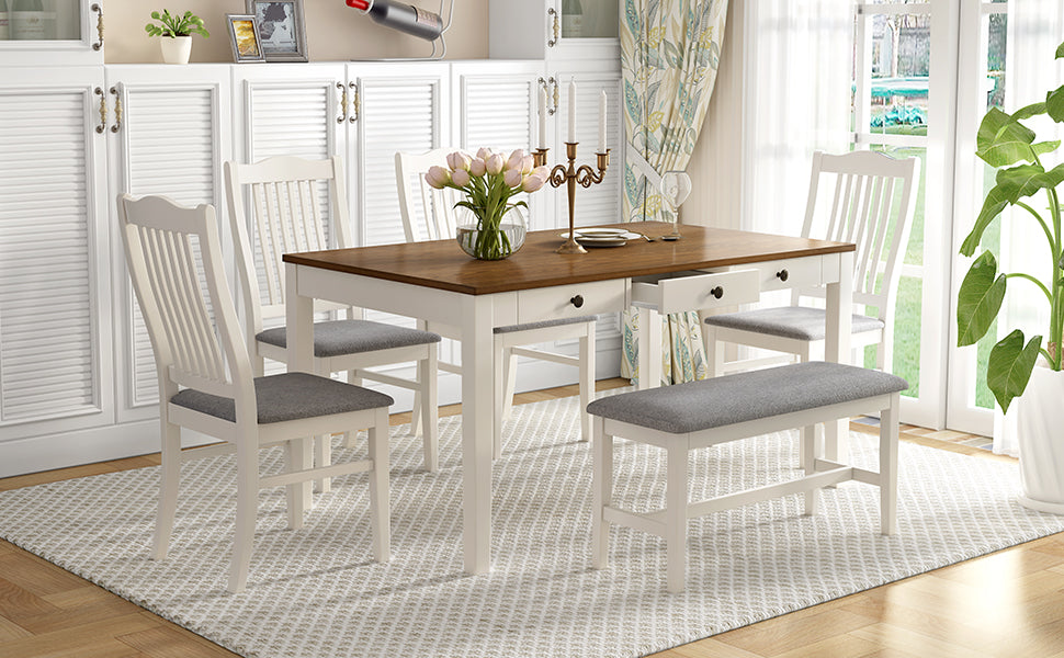 TOPMAX Mid-Century 6-Piece Wood Dining Table Set, Kitchen Table Set with Drawer, Upholstered Chairs and Bench, White(old sku:SP000006AAA) image 3