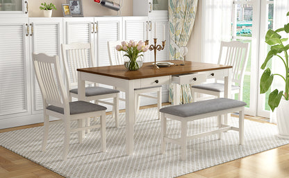 TOPMAX Mid-Century 6-Piece Wood Dining Table Set, Kitchen Table Set with Drawer, Upholstered Chairs and Bench, White(old sku:SP000006AAA) image 3