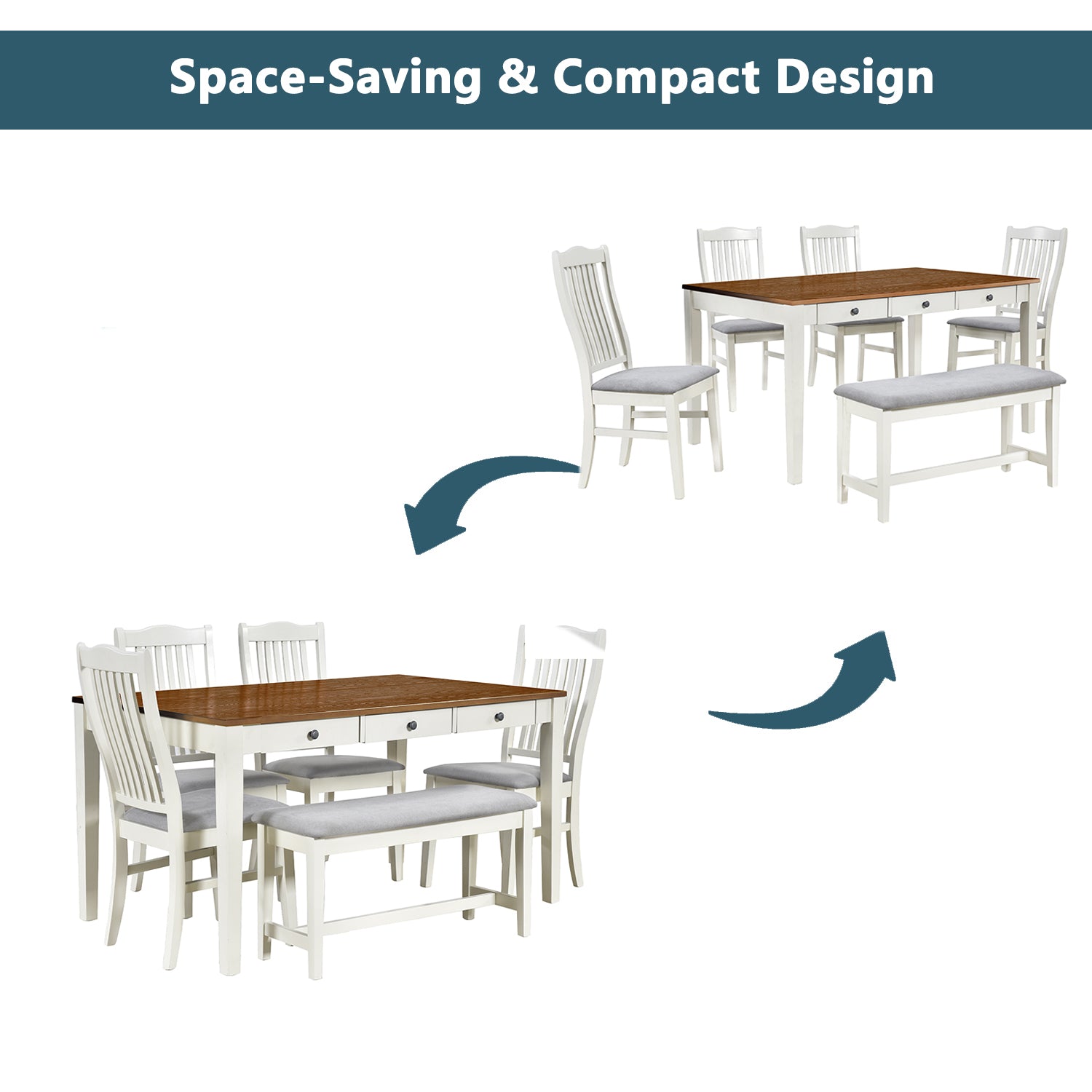TOPMAX Mid-Century 6-Piece Wood Dining Table Set, Kitchen Table Set with Drawer, Upholstered Chairs and Bench, White(old sku:SP000006AAA) image 7