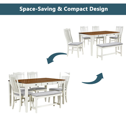TOPMAX Mid-Century 6-Piece Wood Dining Table Set, Kitchen Table Set with Drawer, Upholstered Chairs and Bench, White(old sku:SP000006AAA) image 7