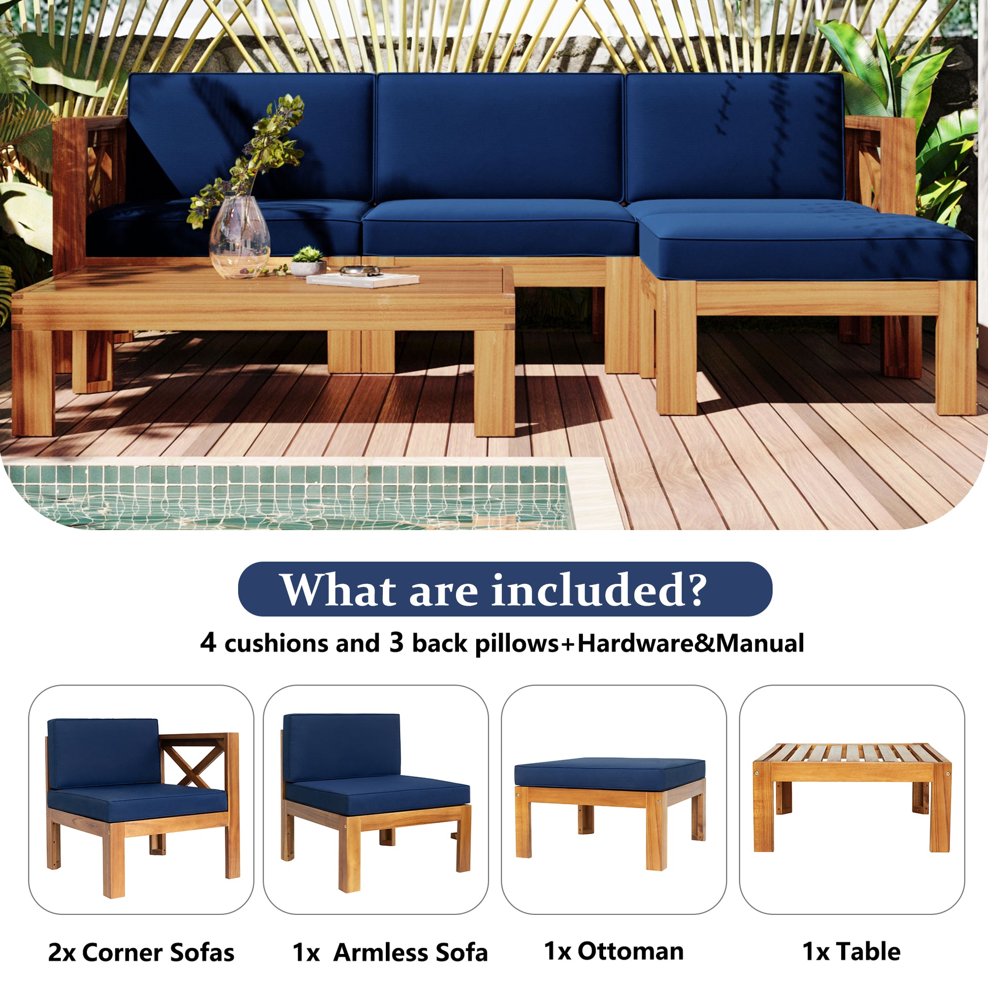 TOPMAX Outdoor Backyard Patio Wood 5-Piece Sectional Sofa Seating Group Set with Cushions, Natural Finish+ Blue Cushions image 9