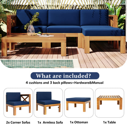 TOPMAX Outdoor Backyard Patio Wood 5-Piece Sectional Sofa Seating Group Set with Cushions, Natural Finish+ Blue Cushions image 9