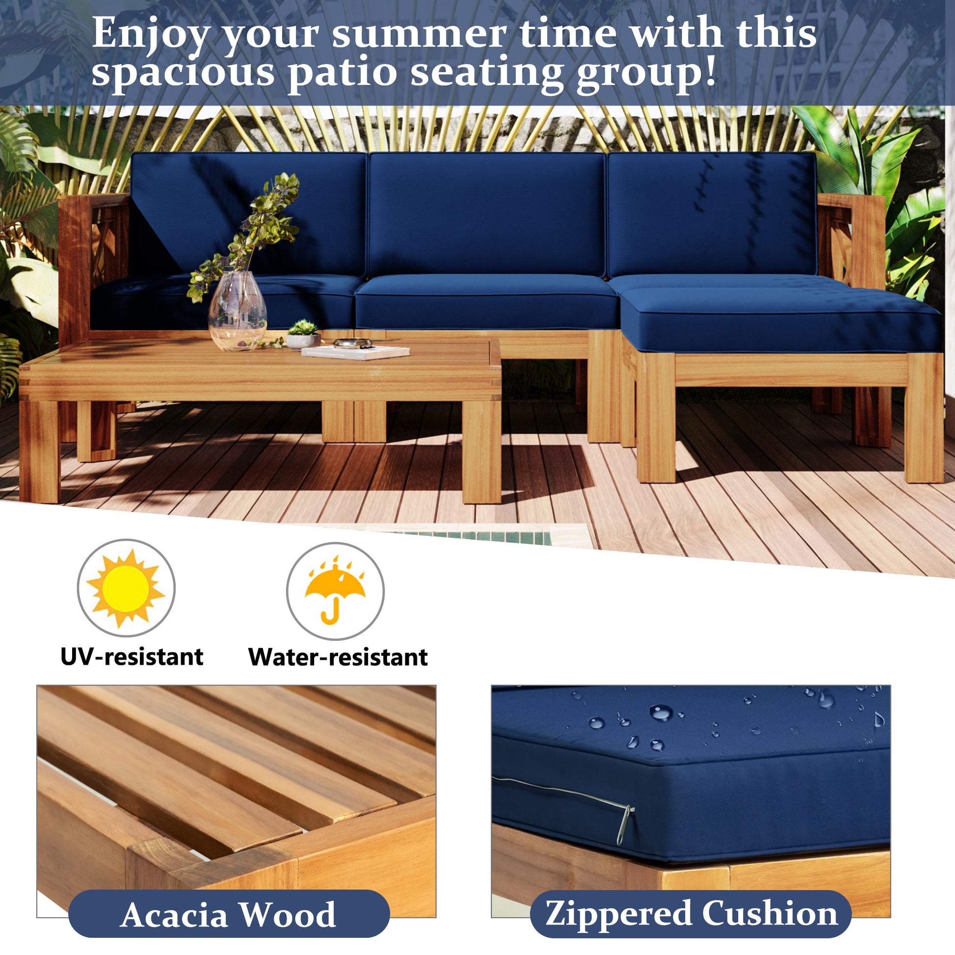 TOPMAX Outdoor Backyard Patio Wood 5-Piece Sectional Sofa Seating Group Set with Cushions, Natural Finish+ Blue Cushions image 6