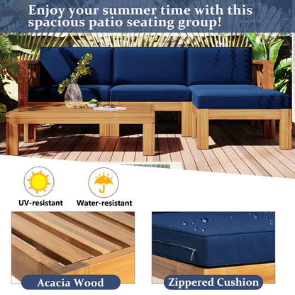 TOPMAX Outdoor Backyard Patio Wood 5-Piece Sectional Sofa Seating Group Set with Cushions, Natural Finish+ Blue Cushions image 6