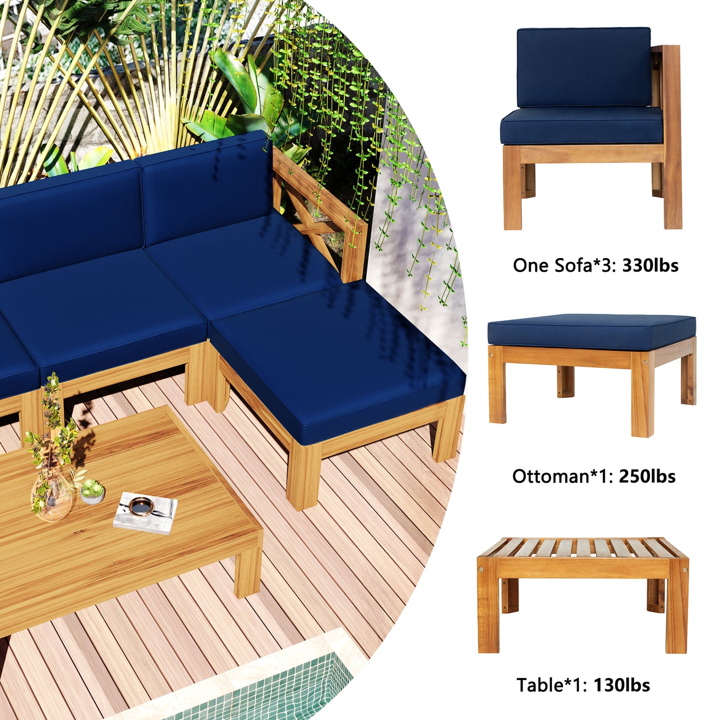 TOPMAX Outdoor Backyard Patio Wood 5-Piece Sectional Sofa Seating Group Set with Cushions, Natural Finish+ Blue Cushions image 8