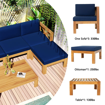 TOPMAX Outdoor Backyard Patio Wood 5-Piece Sectional Sofa Seating Group Set with Cushions, Natural Finish+ Blue Cushions image 8