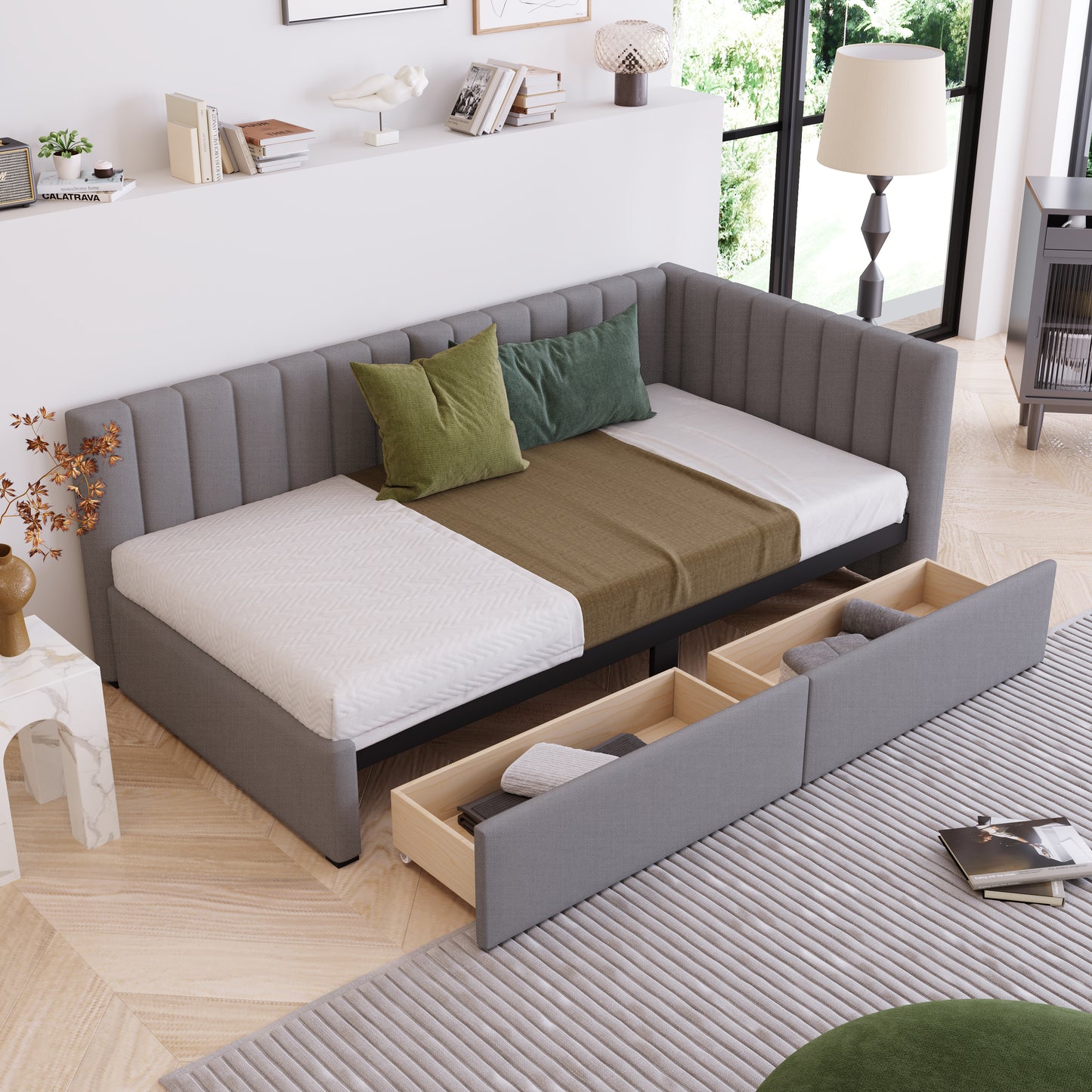 Upholstered Daybed with 2 Storage Drawers Twin Size Sofa Bed Frame No Box Spring Needed, Linen Fabric (Gray)(OLD SKU:WF299017AAE) image 1
