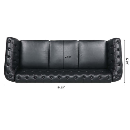 84.65" BLACK PU Rolled Arm Chesterfield Three Seater Sofa. image 10
