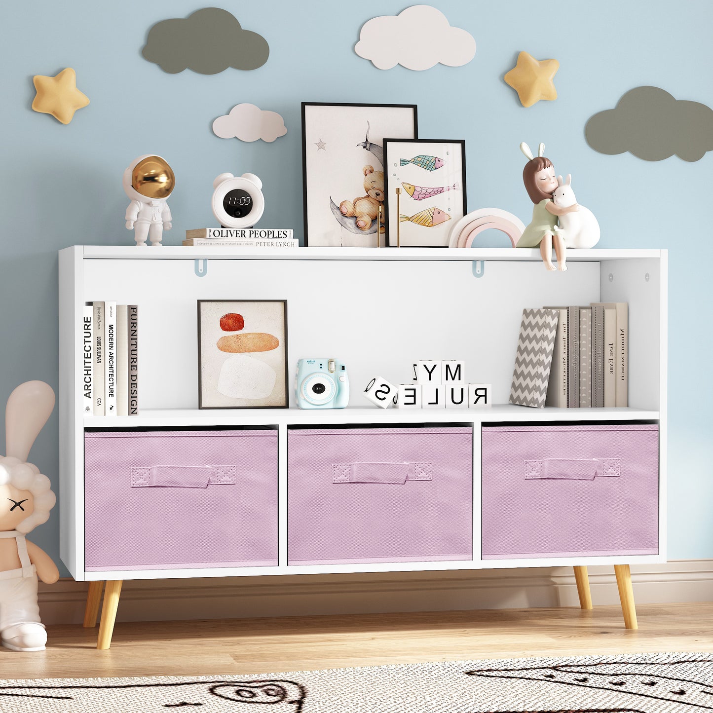 Kids bookcase with Collapsible Fabric Drawers, Children's Book Display, Toy Storage Cabinet Organizer, White/Pink image 11