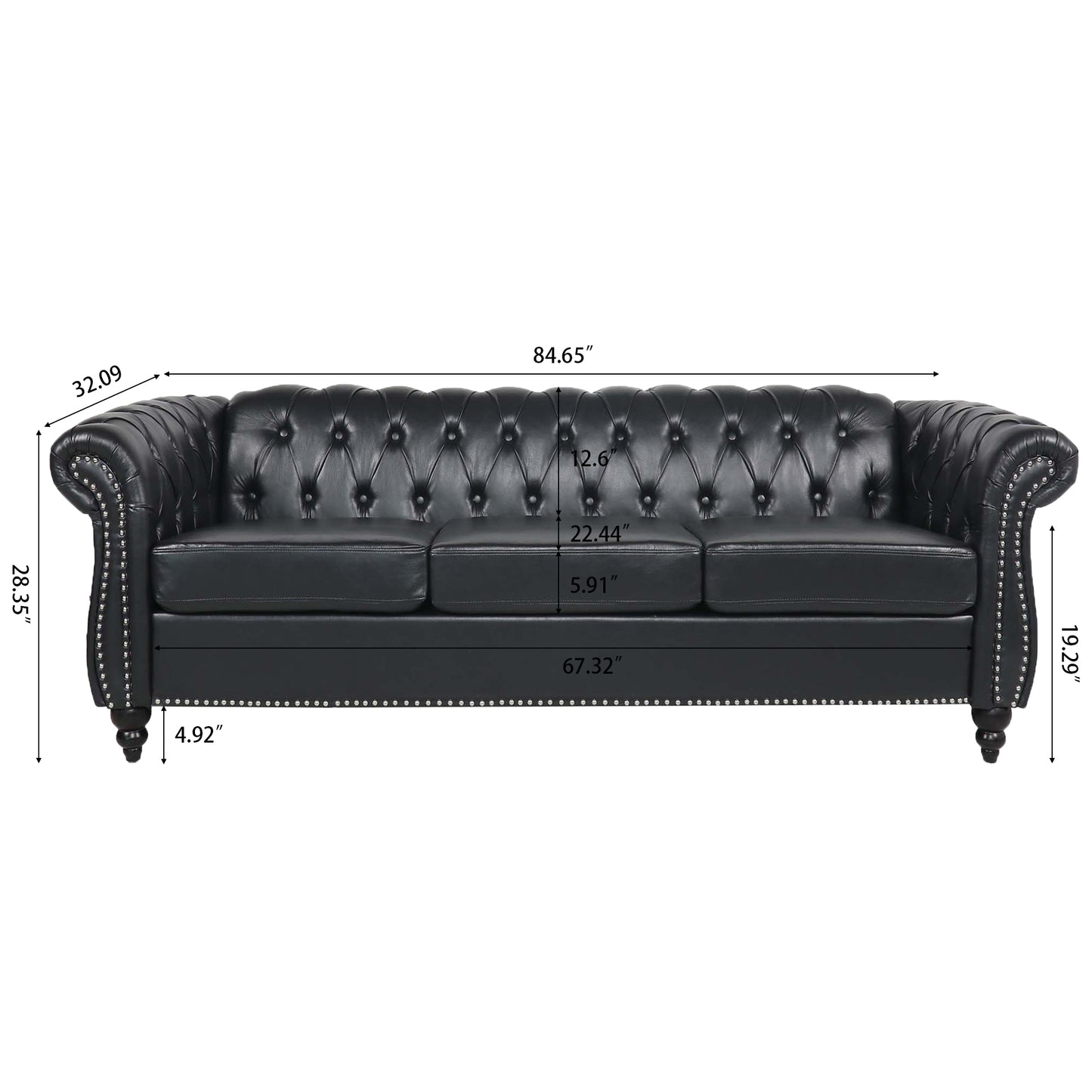 84.65" BLACK PU Rolled Arm Chesterfield Three Seater Sofa. image 9