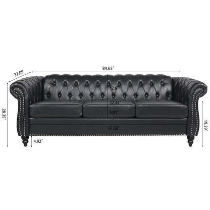 84.65" BLACK PU Rolled Arm Chesterfield Three Seater Sofa. image 9
