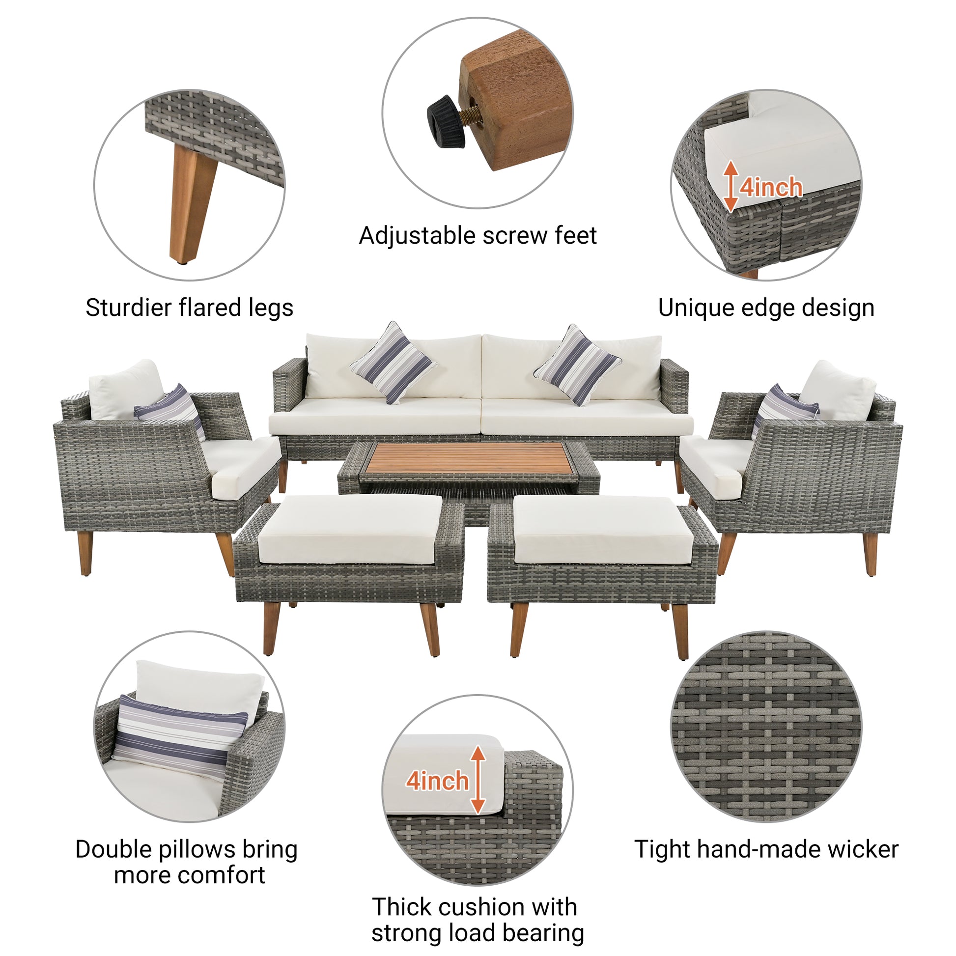<Old SKU: FG201219AAA> 6-Pieces All Weather PE Wicker Sofa Set, Outdoor Rattan sofa With Double Cushions, Wood Legs Wood Table Top, Beige and Gray image 4