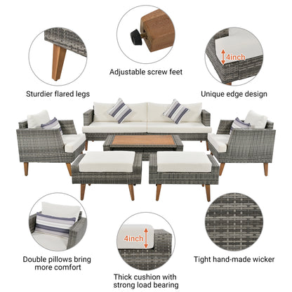 <Old SKU: FG201219AAA> 6-Pieces All Weather PE Wicker Sofa Set, Outdoor Rattan sofa With Double Cushions, Wood Legs Wood Table Top, Beige and Gray image 4
