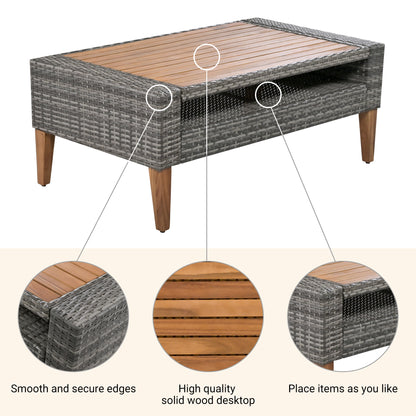 <Old SKU: FG201219AAA> 6-Pieces All Weather PE Wicker Sofa Set, Outdoor Rattan sofa With Double Cushions, Wood Legs Wood Table Top, Beige and Gray image 6