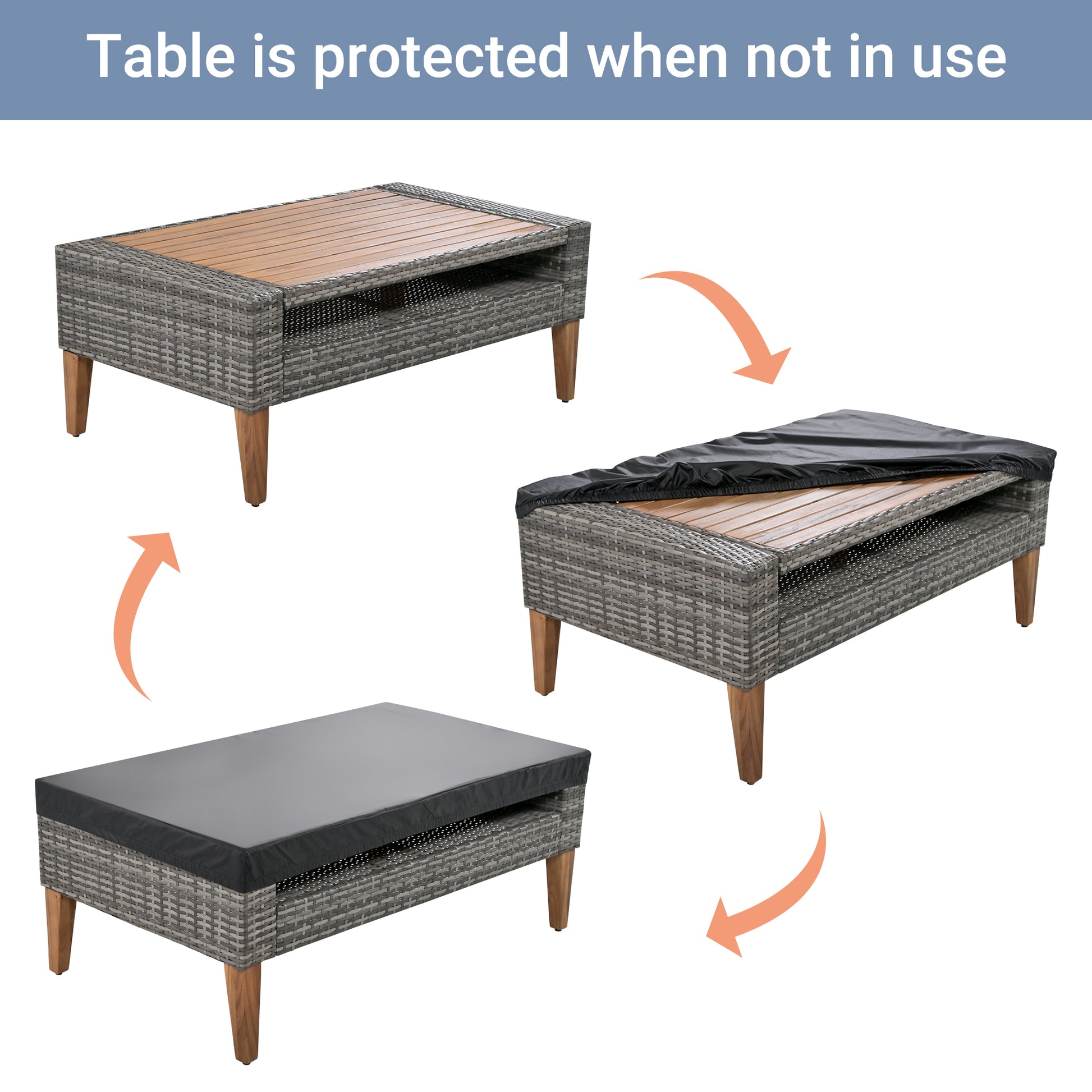 <Old SKU: FG201219AAA> 6-Pieces All Weather PE Wicker Sofa Set, Outdoor Rattan sofa With Double Cushions, Wood Legs Wood Table Top, Beige and Gray image 7