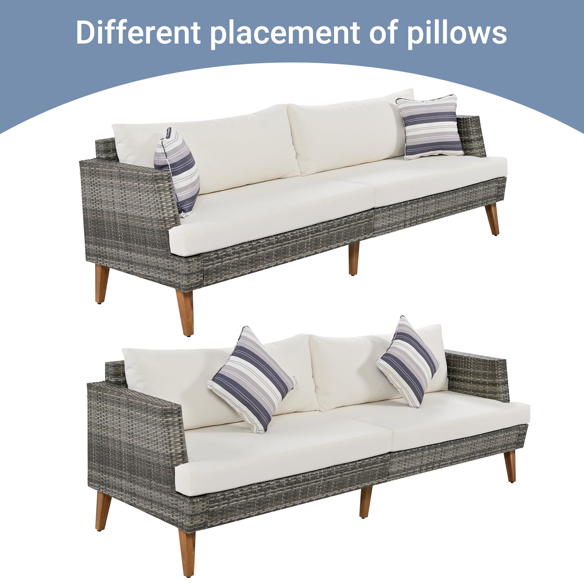 <Old SKU: FG201219AAA> 6-Pieces All Weather PE Wicker Sofa Set, Outdoor Rattan sofa With Double Cushions, Wood Legs Wood Table Top, Beige and Gray image 5