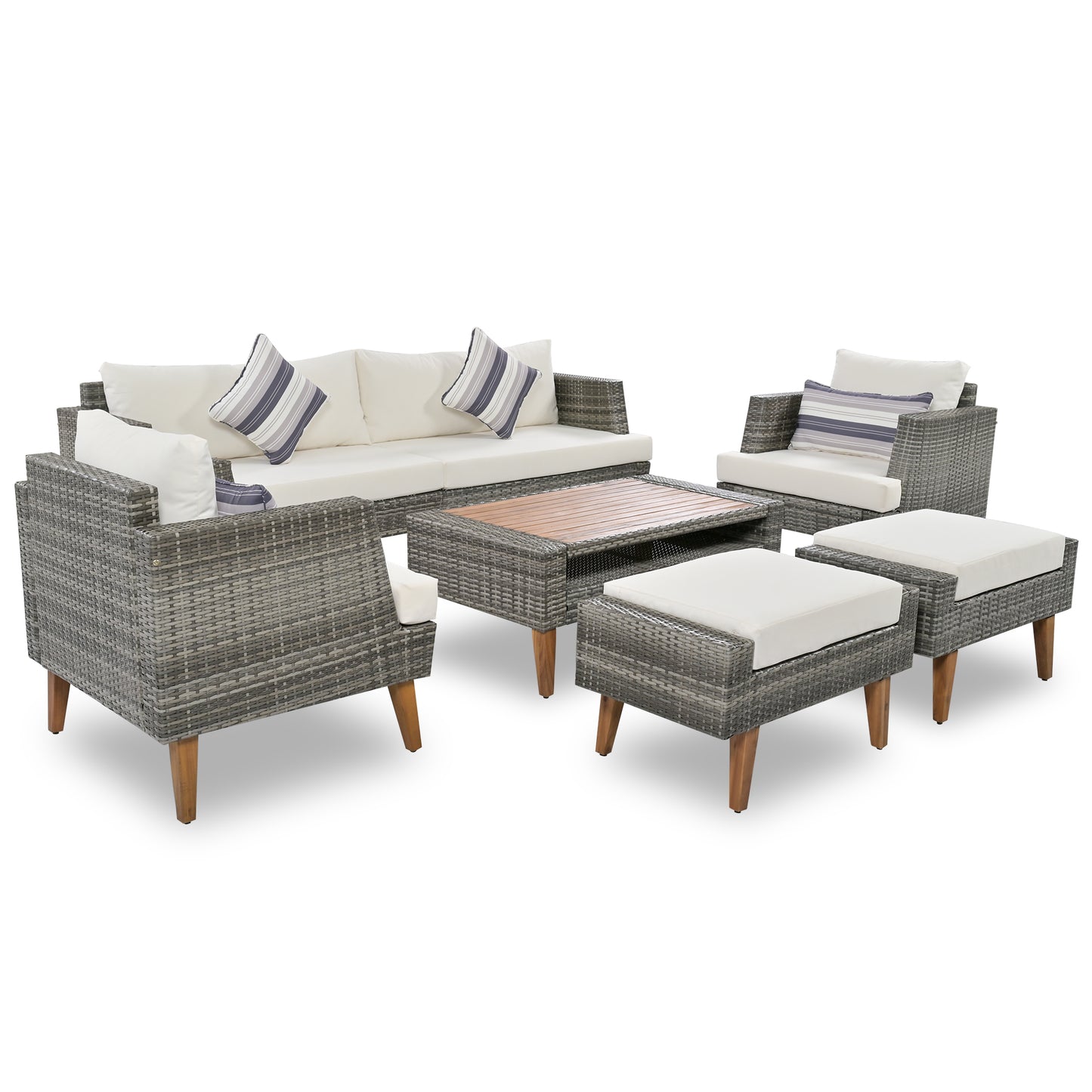<Old SKU: FG201219AAA> 6-Pieces All Weather PE Wicker Sofa Set, Outdoor Rattan sofa With Double Cushions, Wood Legs Wood Table Top, Beige and Gray image 12
