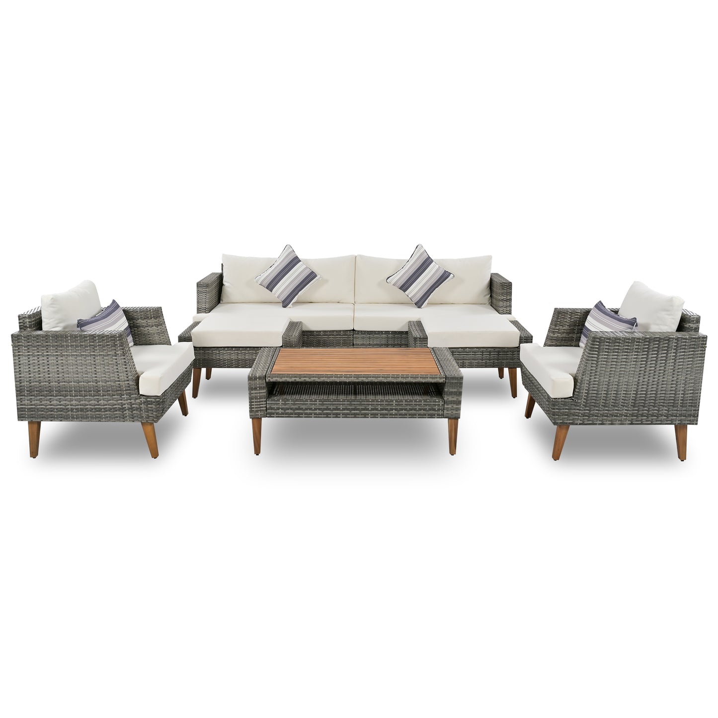 <Old SKU: FG201219AAA> 6-Pieces All Weather PE Wicker Sofa Set, Outdoor Rattan sofa With Double Cushions, Wood Legs Wood Table Top, Beige and Gray image 11
