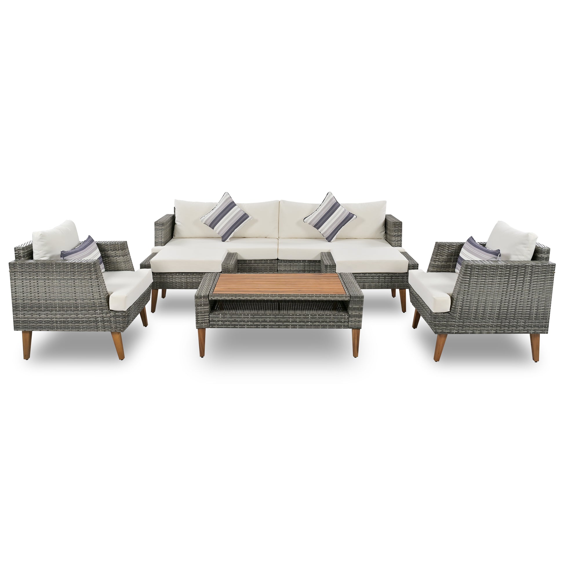 <Old SKU: FG201219AAA> 6-Pieces All Weather PE Wicker Sofa Set, Outdoor Rattan sofa With Double Cushions, Wood Legs Wood Table Top, Beige and Gray image 11