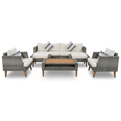 <Old SKU: FG201219AAA> 6-Pieces All Weather PE Wicker Sofa Set, Outdoor Rattan sofa With Double Cushions, Wood Legs Wood Table Top, Beige and Gray image 11
