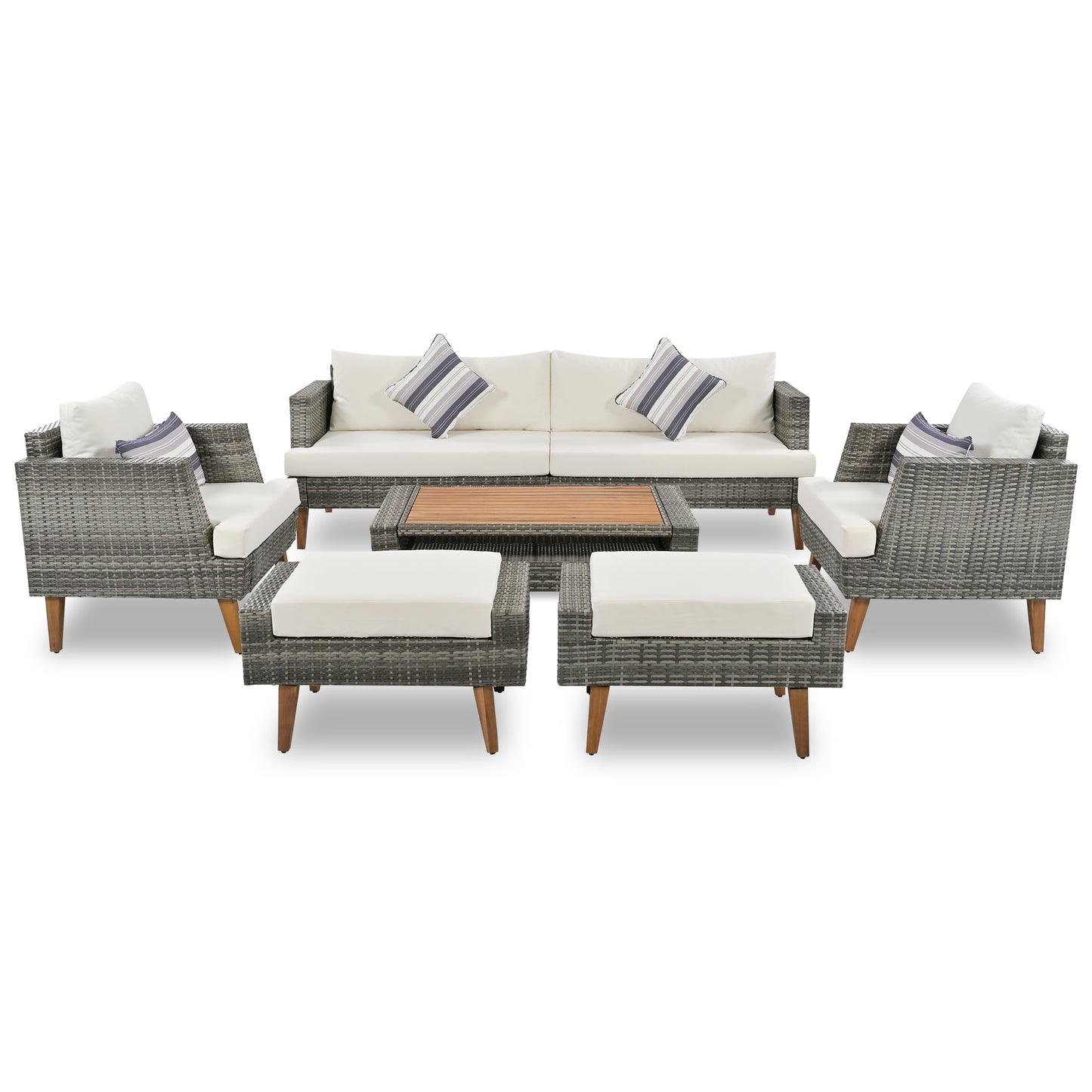 <Old SKU: FG201219AAA> 6-Pieces All Weather PE Wicker Sofa Set, Outdoor Rattan sofa With Double Cushions, Wood Legs Wood Table Top, Beige and Gray image 10