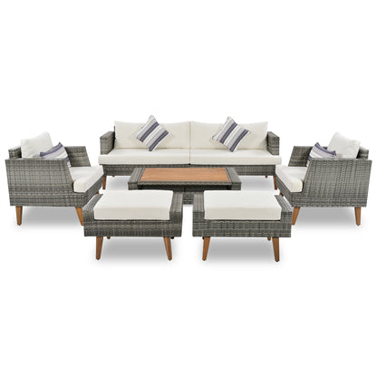 <Old SKU: FG201219AAA> 6-Pieces All Weather PE Wicker Sofa Set, Outdoor Rattan sofa With Double Cushions, Wood Legs Wood Table Top, Beige and Gray image 10