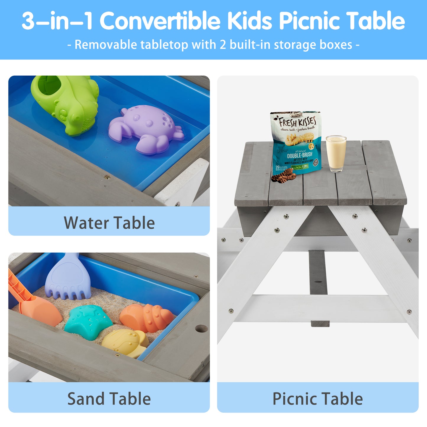 3-in-1 Kids Outdoor Wooden Picnic Table With Umbrella, Convertible Sand & Wate, Gray ASTM & CPSIA CERTIFICATION image 4