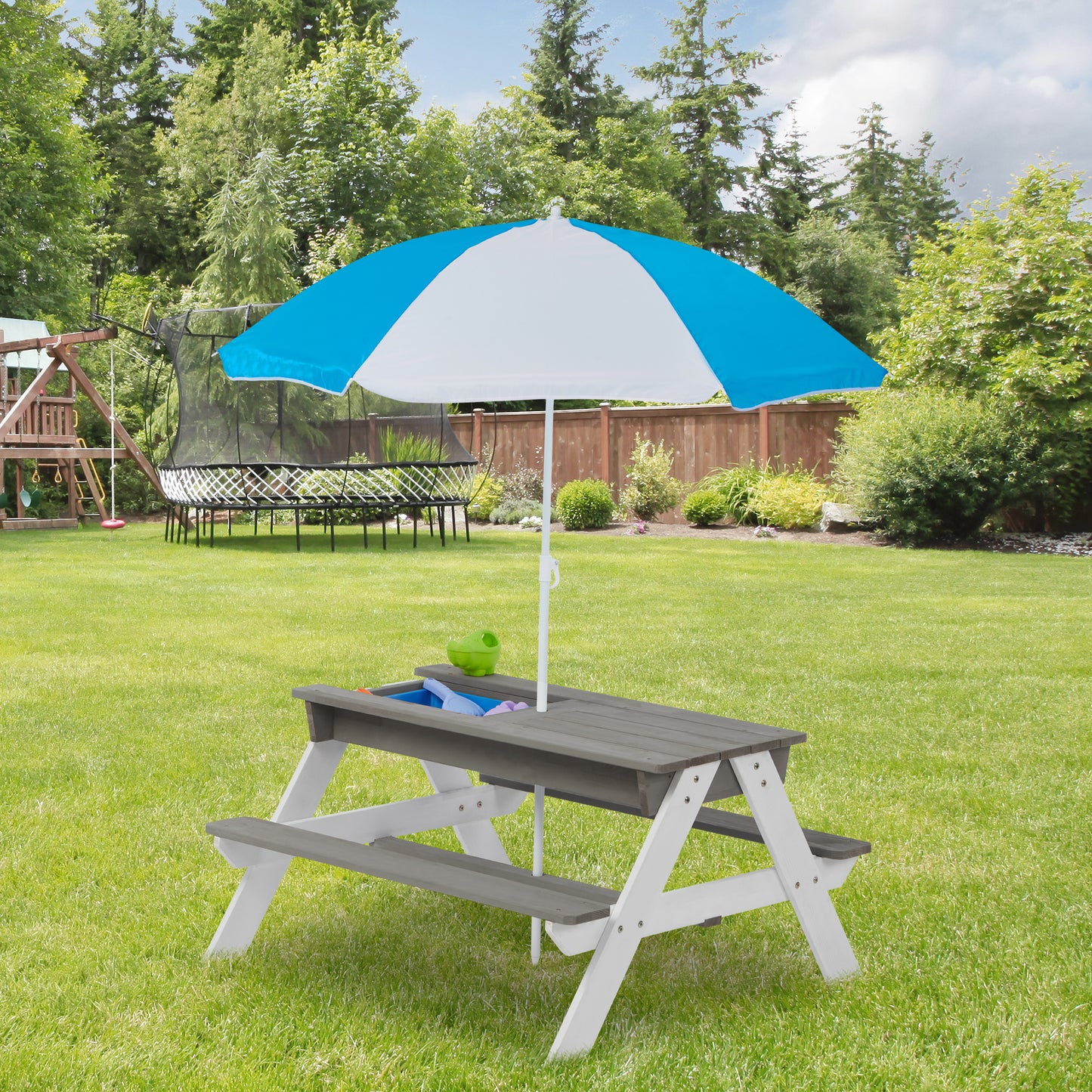 3-in-1 Kids Outdoor Wooden Picnic Table With Umbrella, Convertible Sand & Wate, Gray ASTM & CPSIA CERTIFICATION image 7