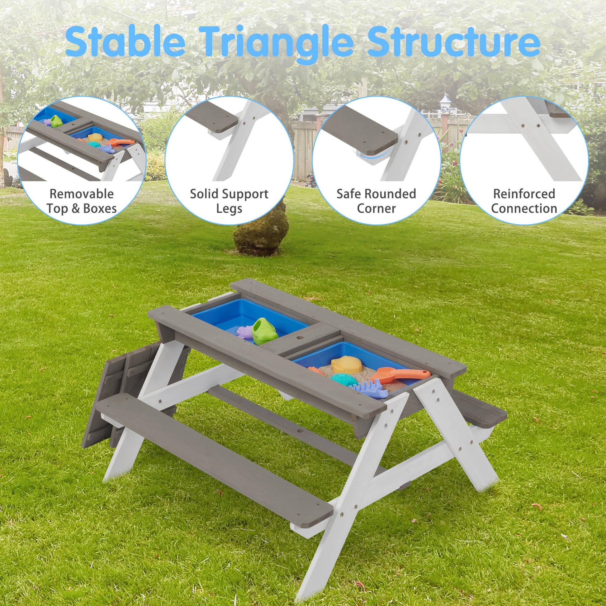3-in-1 Kids Outdoor Wooden Picnic Table With Umbrella, Convertible Sand & Wate, Gray ASTM & CPSIA CERTIFICATION image 6