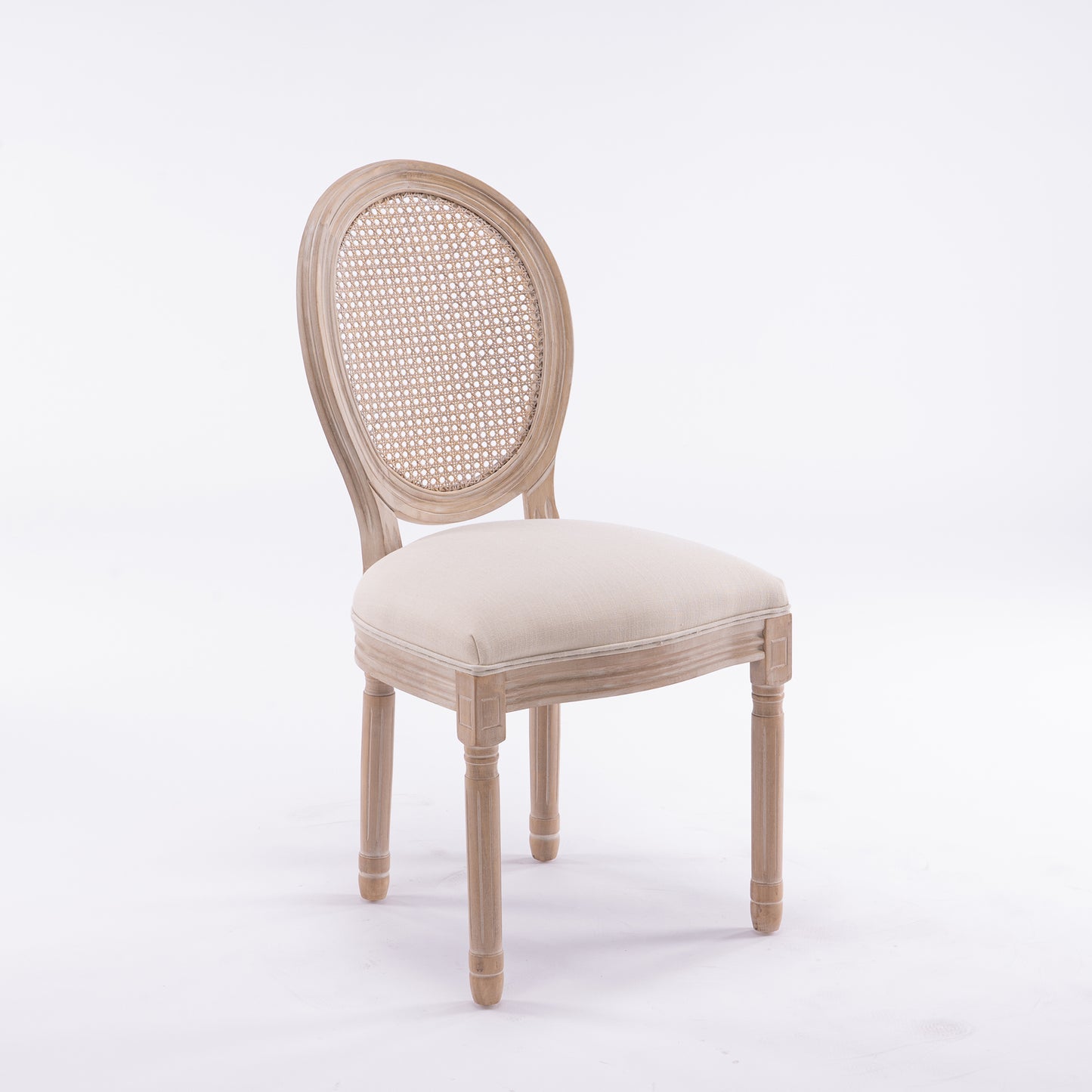 French Style Solid Wood Frame Linen Fabric Rattan Back Dining Chair,Set of 2, Beige image 12