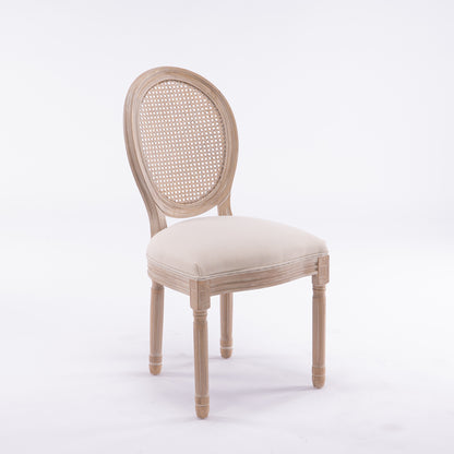 French Style Solid Wood Frame Linen Fabric Rattan Back Dining Chair,Set of 2, Beige image 12